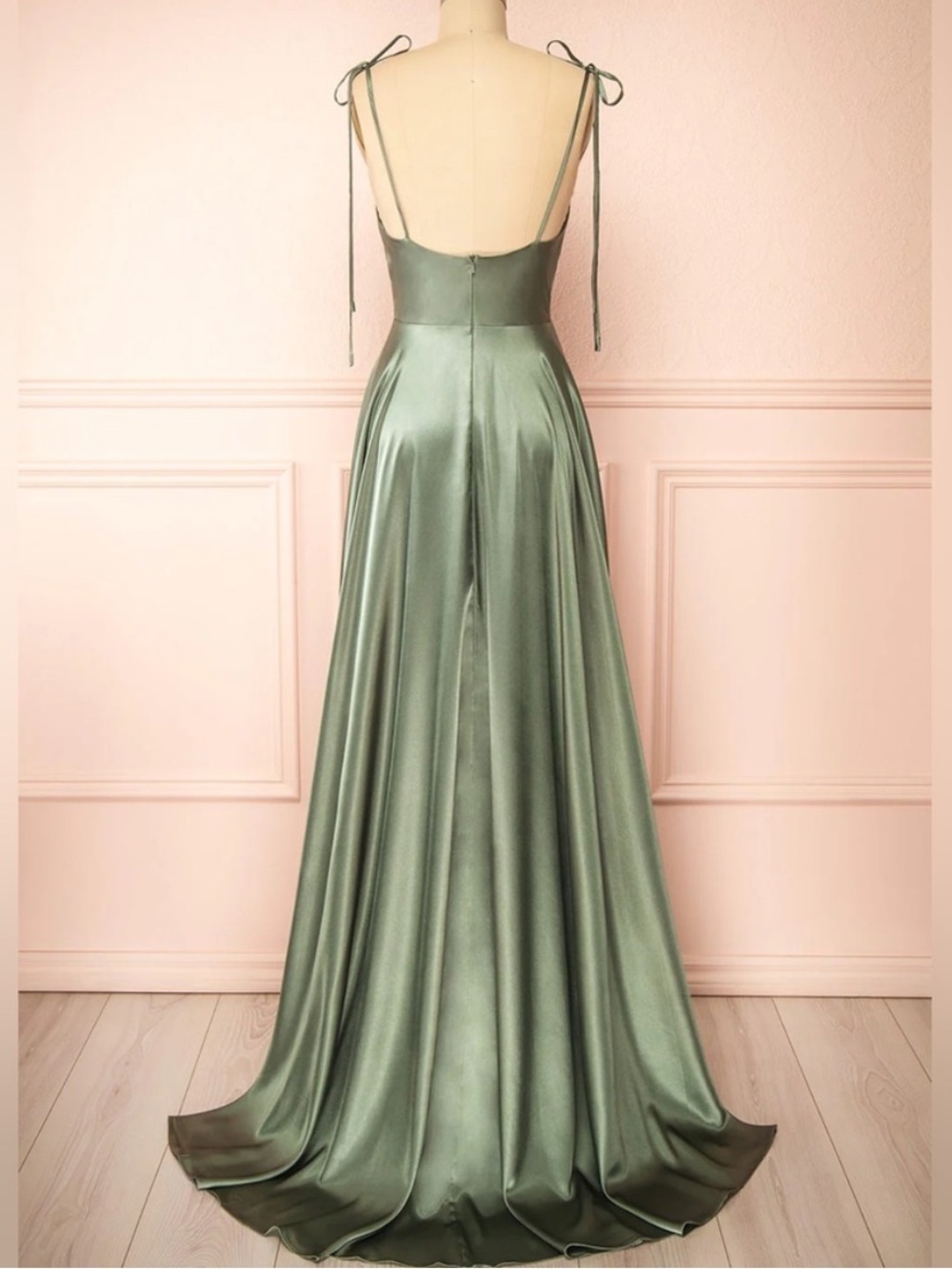 Moira Khaki | Cowl Neck Satin Maxi Dress with High Slit - Picture 4 of 10